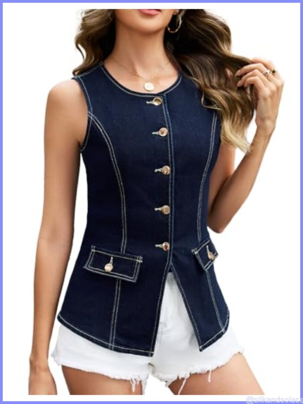 Womens Denim Vest Sleeveless Button Down Jean Waistcoat Casual Cotton Blend